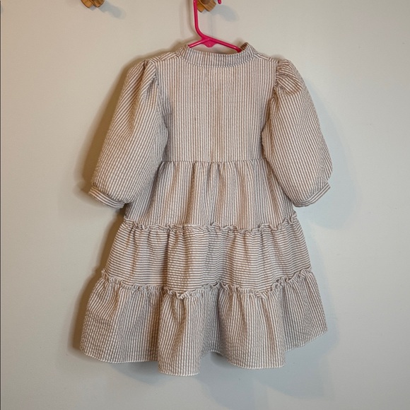 Girls' Cream & White Striped Tiered Cotton Dress - Picture 2 of 2